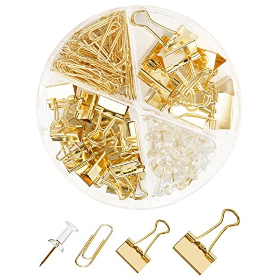 Binder Clip Assorted - ชุดกระดาษเข้าเล่มและคลิปหนีบ, คลิปหนีบกระดาษโลหะขนาดต่างๆ พร้อมหมุด, อุปกรณ์สำนักงานน่ารัก, ของจำเป็นสำหรับโต๊ะครู, อุปกรณ์สำหรับโต๊ะทำงาน