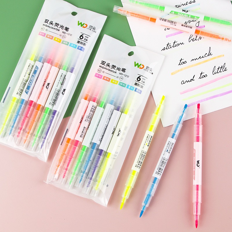 Highlighter Set Pastel - 6 ชิ้น/แพ็ค ชุดปากกาไฮไลท์สองหัวหลากสี เหมาะสำหรับนักเรียน จดบันทึก ทำสมุดบันทึก