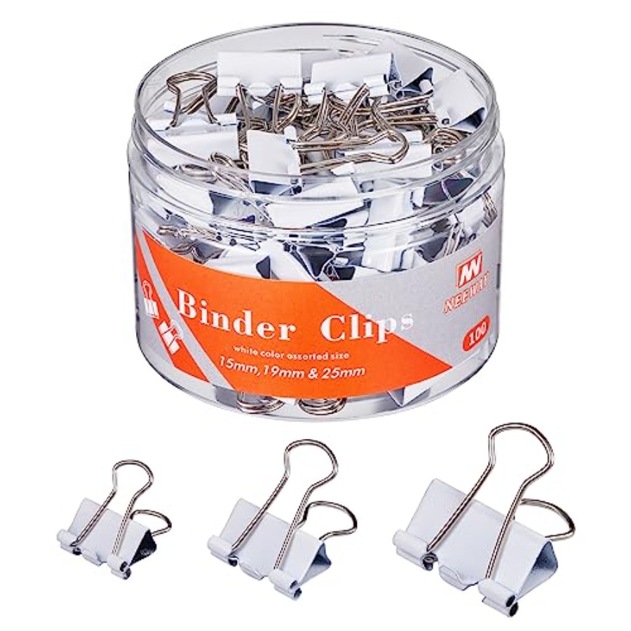 Binder Clip Assorted - คลิปหนีบกระดาษหลากขนาด ชุดคลิปหนีบกระดาษสีขาวสำหรับใช้ในสำนักงานและที่บ้าน - แพ็ค 100 ชิ้น
