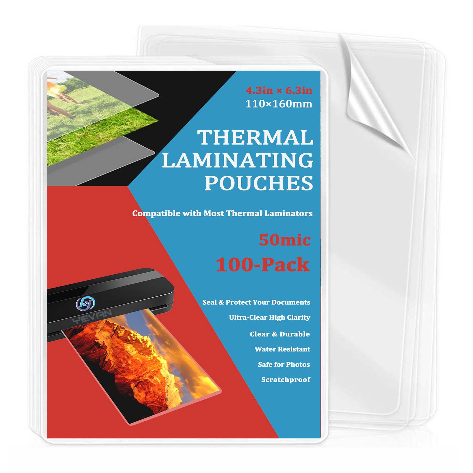 Document Laminator Pouch - 100 แผ่น 4.3×6.3 นิ้ว ซองเคลือบบัตรแบบใช้ความร้อน, แผ่นเคลือบใส,