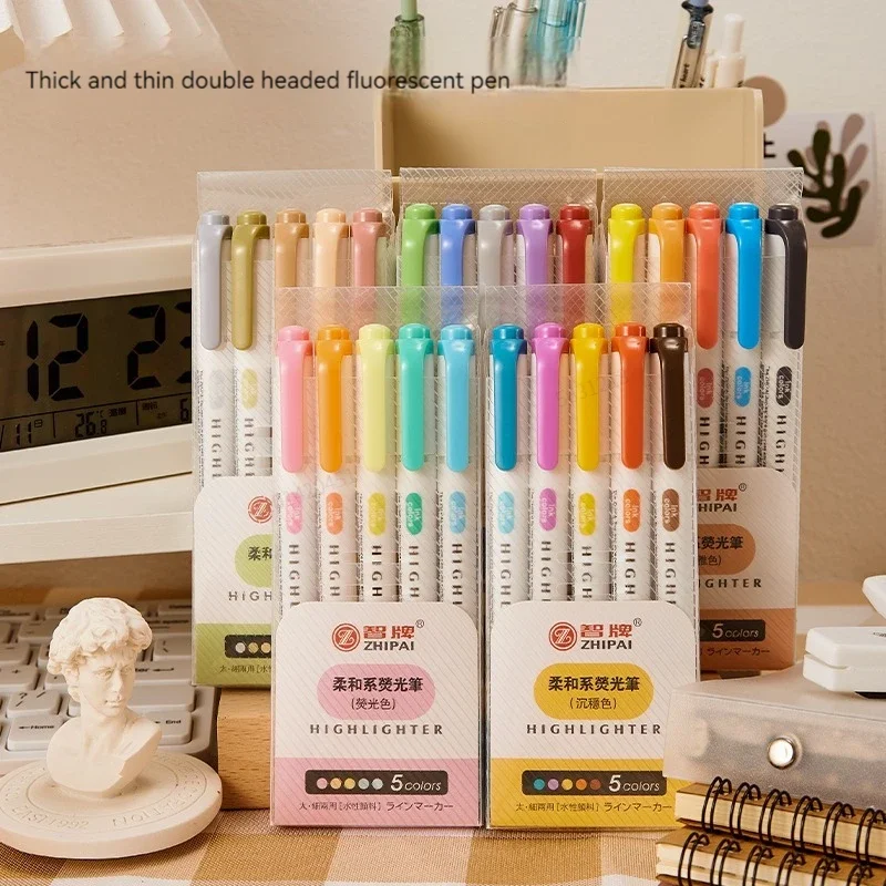 Highlighter Set Pastel - ชุดปากกาเน้นข้อความสองหัว 5 สี/กล่อง ปากกาไฮไลท์แบบเรืองแสงสำหรับวาดภาพ ปากกาเน้นข้อความสำหรับงานศิลปะ สไตล์ญี่ปุ่นน่ารัก